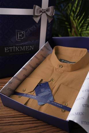 Taba Hakim Yaka Keten Üç Düğmeli Erkek Gömlek