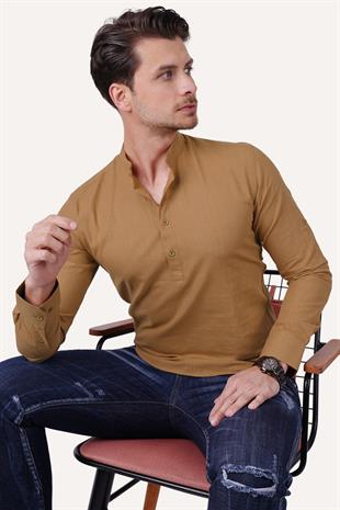 Taba Hakim Yaka Keten Üç Düğmeli Erkek Gömlek