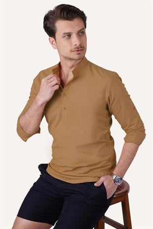 Taba Hakim Yaka Keten Üç Düğmeli Erkek Gömlek