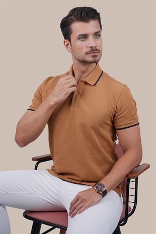 Taba Lacivert Yaka Çizgili Erkek Polo Yaka Tişört