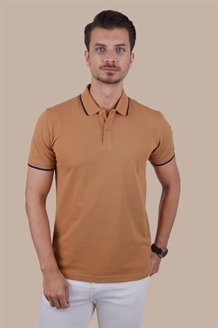 Taba Lacivert Yaka Çizgili Erkek Polo Yaka Tişört