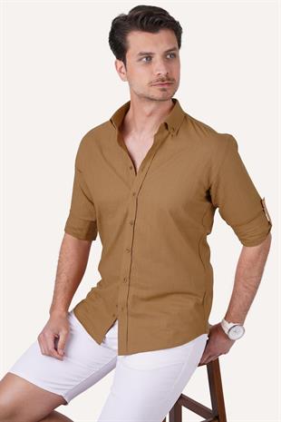 Taba Yaka Düğmeli Keten Slimfit Erkek Gömlek