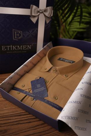 Taba Yaka Düğmeli Keten Slimfit Erkek Gömlek