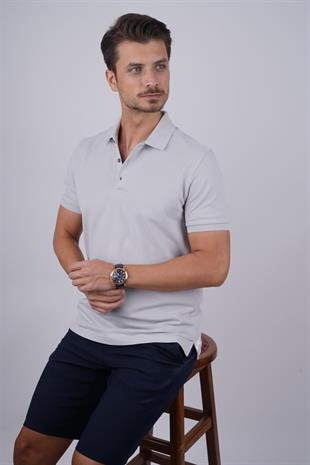 Taş Gri Yaka Desenli Erkek Polo Yaka Tişört