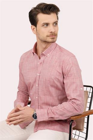 Vişne Yaka Düğmeli Keten Slimfit Erkek Gömlek