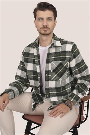Yeşil Beyaz Geçişli Oversize Oduncu Erkek Gömlek