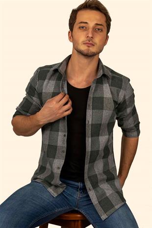 Yeşil Gri Dama Desenli Slimfit Oduncu Erkek Gömlek