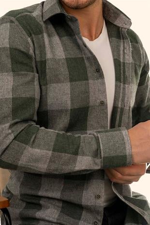 Yeşil Gri Dama Desenli Slimfit Oduncu Erkek Gömlek