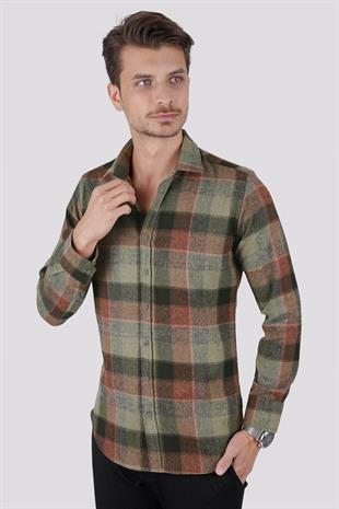Yeşil Kahve Dama Desenli Slimfit Oduncu Erkek Gömlek