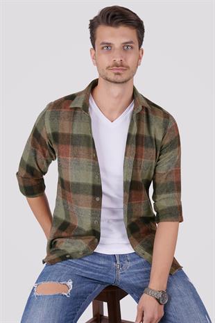 Yeşil Kahve Dama Desenli Slimfit Oduncu Erkek Gömlek