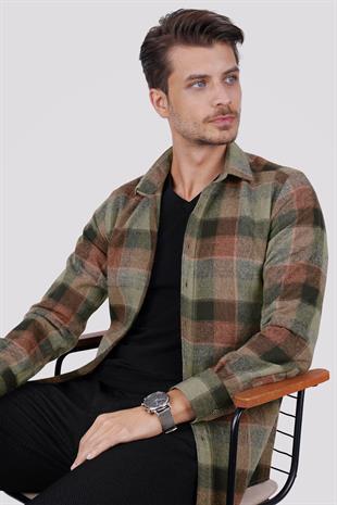 Yeşil Kahve Dama Desenli Slimfit Oduncu Erkek Gömlek
