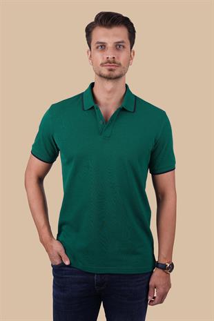 Yeşil Lacivert Yaka Çizgili Erkek Polo Yaka Tişört
