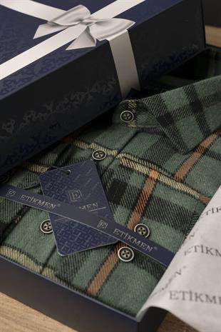 Yeşil Turuncu Çizgili Slimfit Oduncu Erkek Gömlek