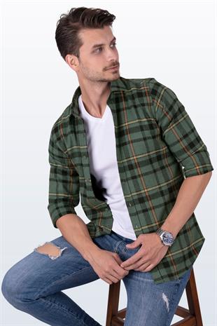Yeşil Turuncu Çizgili Slimfit Oduncu Erkek Gömlek