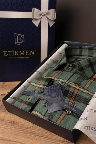 Yeşil Turuncu Çizgili Slimfit Oduncu Erkek Gömlek