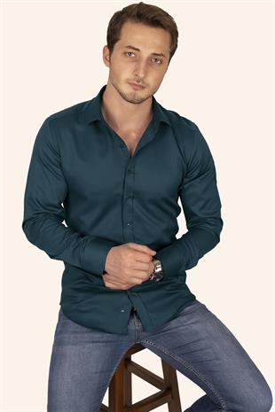 Petrol Mavisi Kare Düğmeli Slimfit Erkek Gömlek