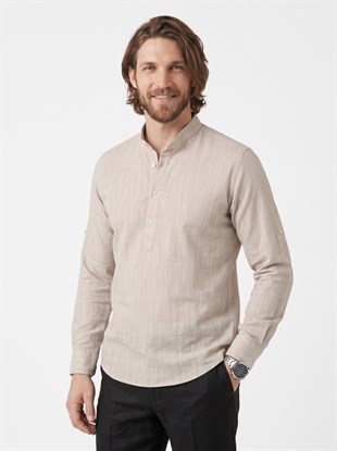 Bej Hakim Yaka Keten Üç Düğmeli Erkek Gömlek
