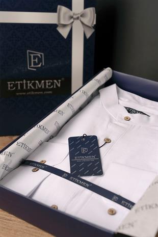 Beyaz Hakim Yaka Keten Üç Düğmeli Erkek Gömlek