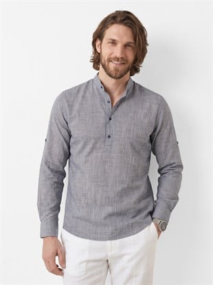 Füme Hakim Yaka Keten Üç Düğmeli Erkek Gömlek