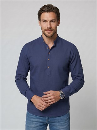 Etikmenİndigo Hakim Yaka Keten Üç Düğmeli Erkek GömlekHakim Yaka Üç Düğmeli Modeller