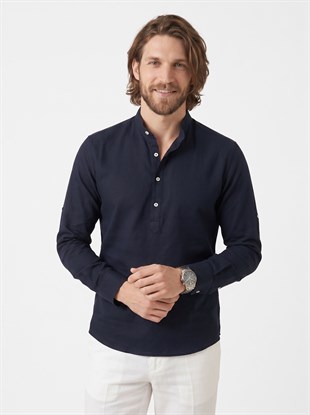 Lacivert Hakim Yaka Keten Üç Düğmeli Erkek Gömlek