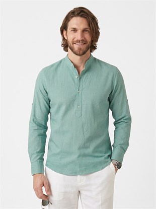Mint Hakim Yaka Keten Üç Düğmeli Erkek Gömlek