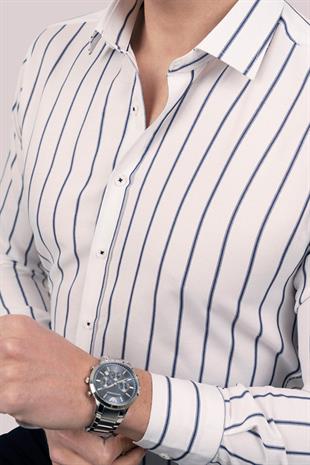 Beyaz Lacivert Çizgili Slimfit Erkek Gömlek