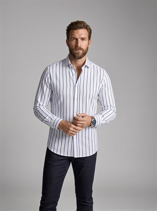 Beyaz Mavi Çizgili Slimfit Erkek Gömlek