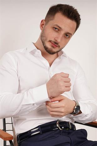 Beyaz Saten Slimfit Erkek Gömlek
