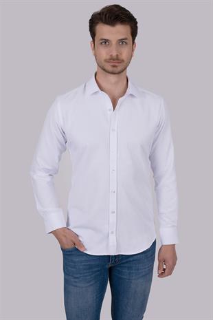 Beyaz Sedef Düğmeli Slimfit Erkek Gömlek