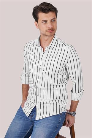 Beyaz Siyah Çizgili Slimfit Erkek Gömlek