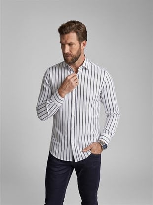 Beyaz Siyah Çizgili Slimfit Erkek Gömlek