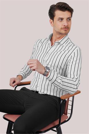 Beyaz Siyah Çizgili Slimfit Erkek Gömlek