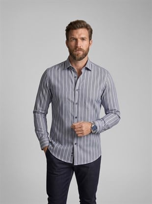 Gri Beyaz Çizgili Slimfit Erkek Gömlek
