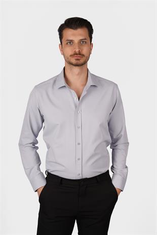 Gri Saten Slimfit Erkek Gömlek