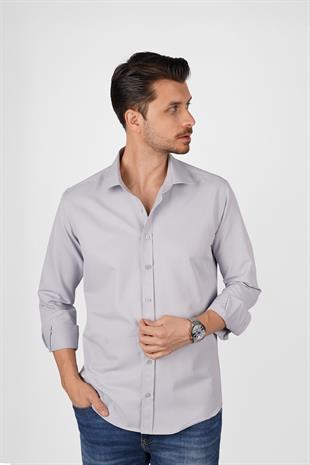 Gri Saten Slimfit Erkek Gömlek