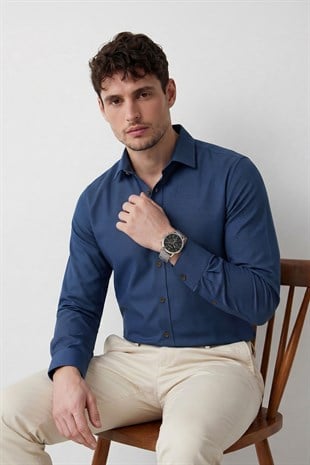 indigo Kahve Düğmeli Slimfit Erkek Gömlek