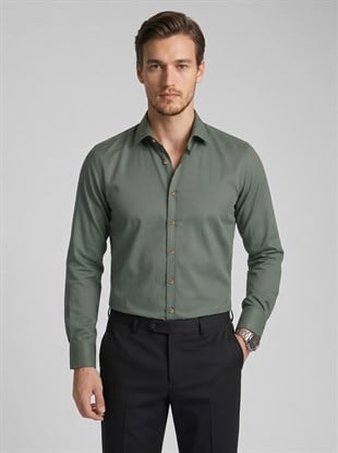 EtikmenKaktüs Yeşili Kahve Düğme Slimfit Erkek GömlekKlasik Gömlek Modelleri