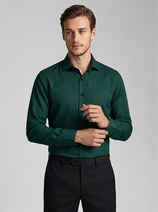 Kına Yeşili Kare Düğmeli Slimfit Erkek Gömlek