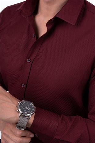 Koyu Bordo Baklava Desen Slimfit Erkek Gömlek