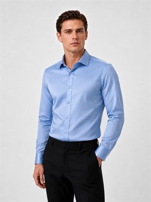 Koyu Mavi Saten Slimfit Erkek Gömlek