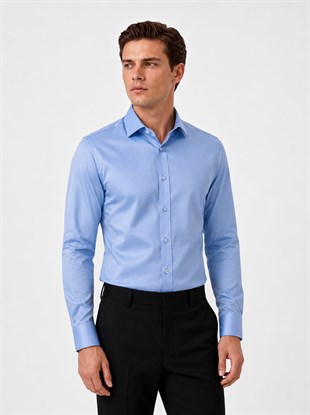 Koyu Mavi Saten Slimfit Erkek Gömlek