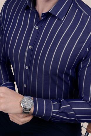 Lacivert Beyaz Çizgili Slimfit Erkek Gömlek