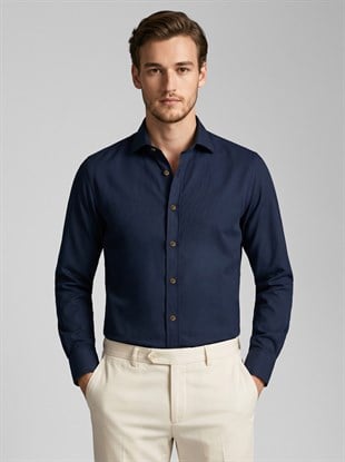 Lacivert Kahve Düğmeli Slimfit Erkek Gömlek