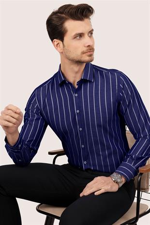 Lacivert Beyaz Çizgili Slimfit Erkek Gömlek