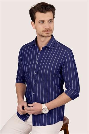 Lacivert Beyaz Çizgili Slimfit Erkek Gömlek