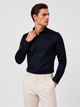 Lacivert Saten Slimfit Erkek Gömlek