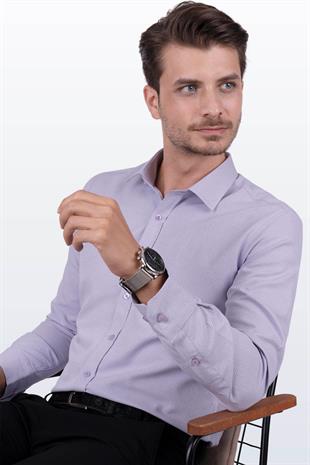 Lila Armür Desenli Slimfit Erkek Gömlek