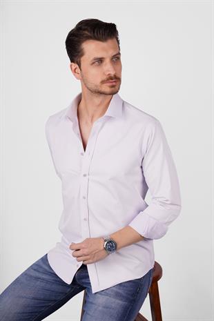 Lila Saten Slimfit Erkek Gömlek