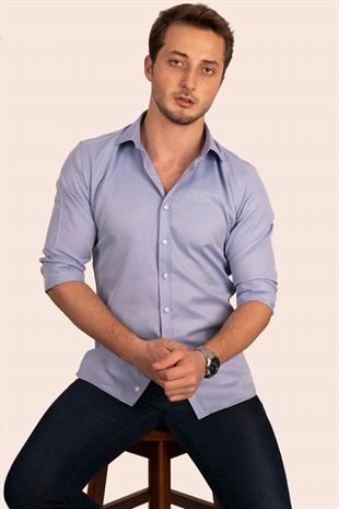 Mavi Baklava Desen Slimfit Erkek Gömlek